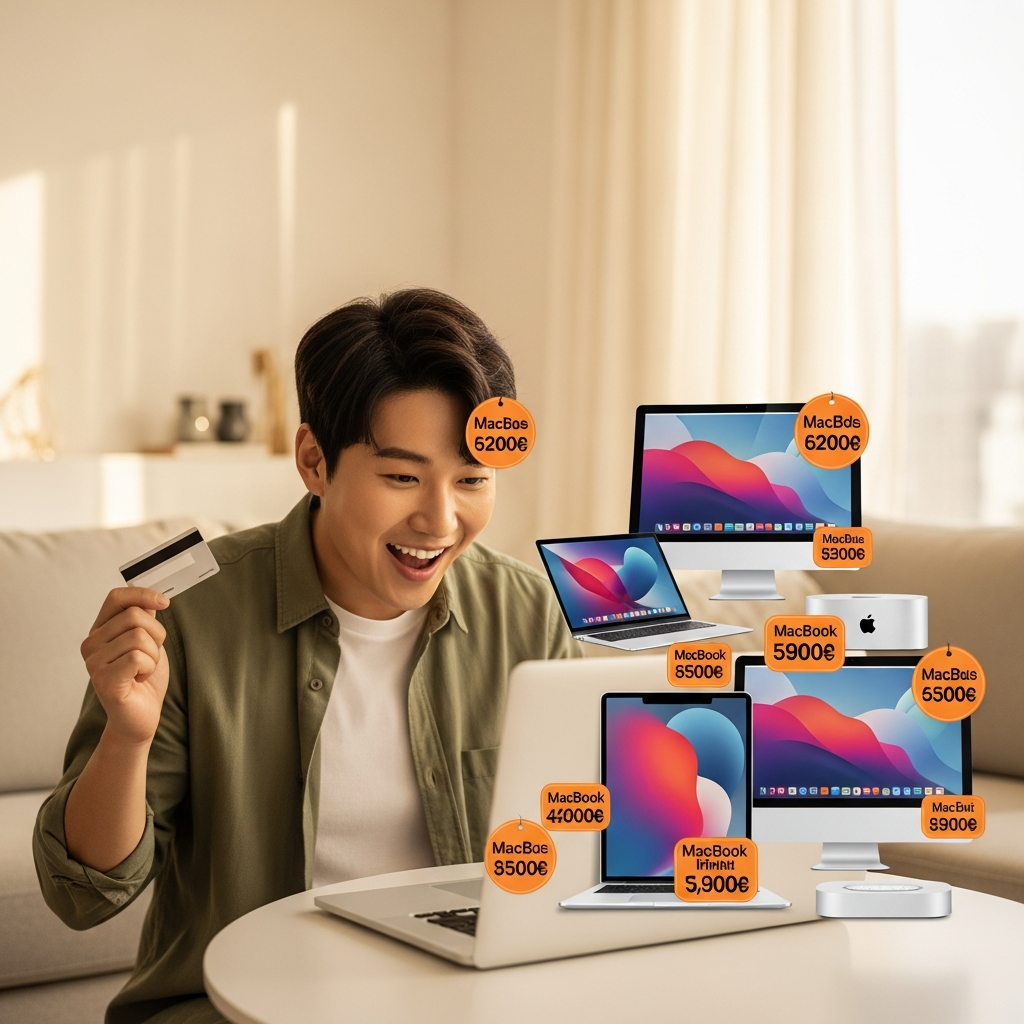 A Korean person, excited and happy, looking at a laptop screen filled with various Apple products (MacBook, iMac, Mac mini) with price tags, set against a modern, bright living room background. The person is smiling, holding a credit card. Style: lifestyle photography, warm lighting, natural setting. No visible text. Gradient background.