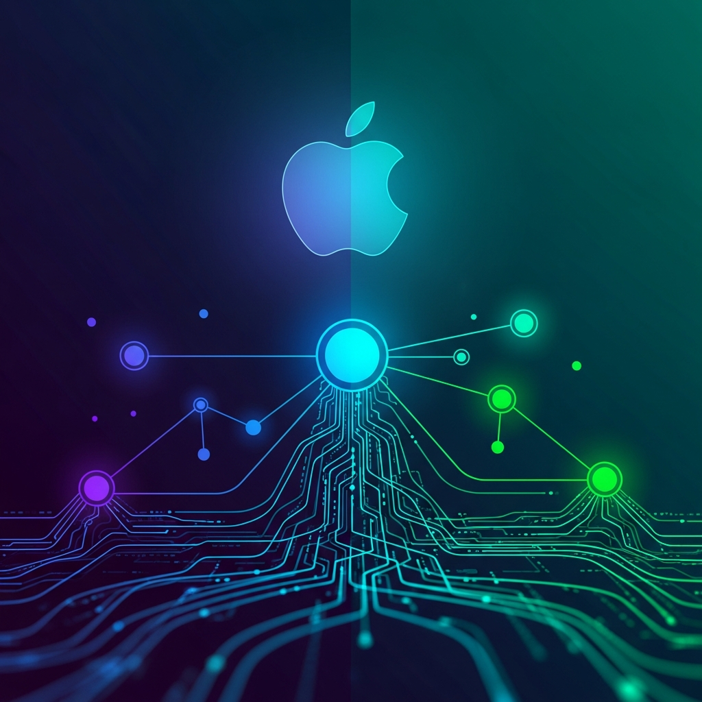 Abstract illustration representing digital security and online privacy for Mac users. Features interconnected nodes and encrypted data flow, with a subtle Apple-like glow in the background. Style: clean infographic, modern layout, high contrast. Colored background. No visible text.