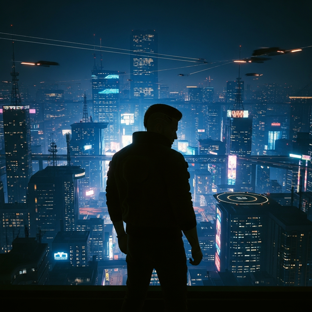 A silhouette of V, the protagonist of Cyberpunk 2077, standing against a backdrop of a sprawling, neon-lit Night City, futuristic atmosphere, dramatic lighting, detailed urban landscape, no visible text