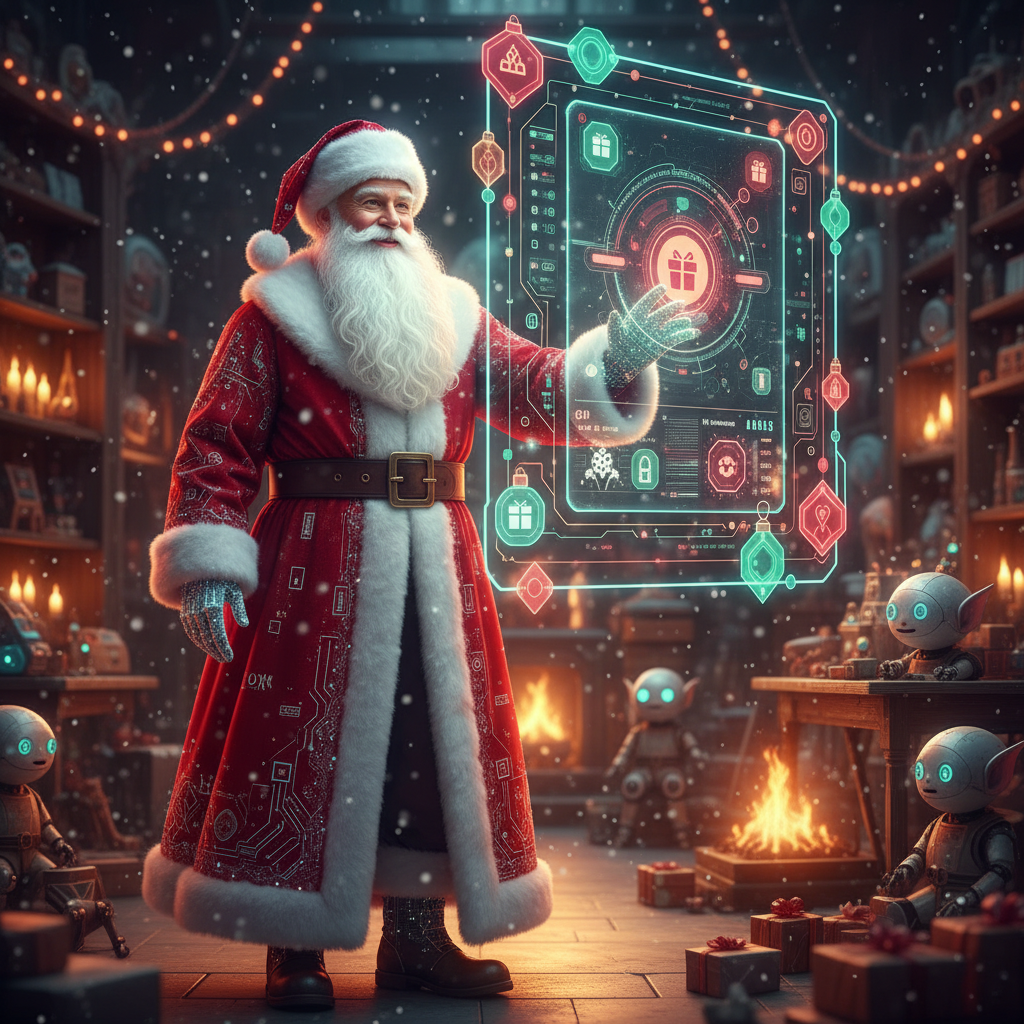A festive scene showing a digital Santa Claus interacting with a futuristic AI interface, vibrant Christmas colors, warm lighting, cinematic composition, no text