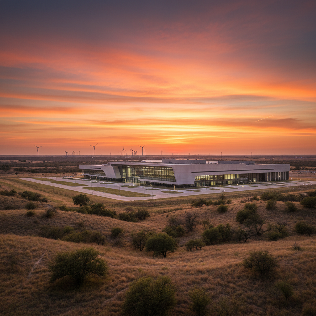Modern semiconductor manufacturing facility exterior at sunset, sleek architecture, Texas landscape, warm lighting, cinematic photography style, 4:3