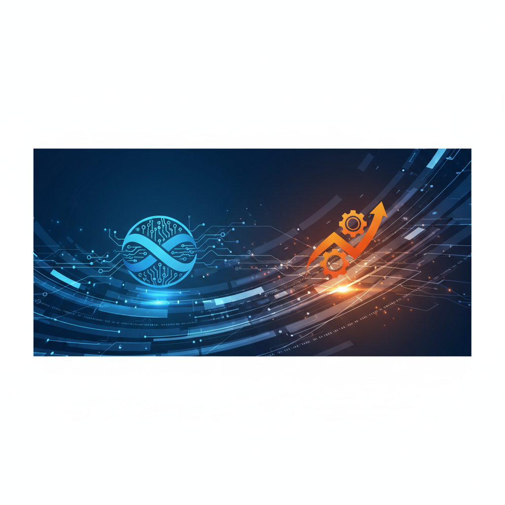Two high-tech logos or symbols subtly integrated into a digital landscape representing global trade and cooperation, blue and orange gradient background, professional layout, no text