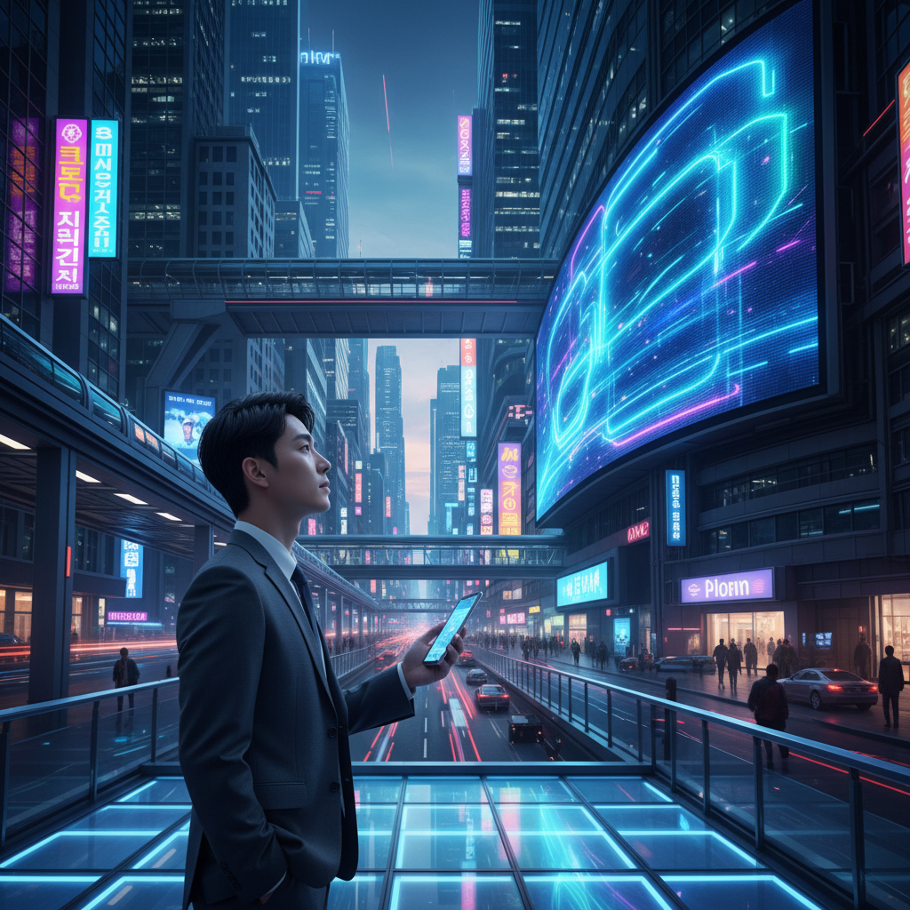 A young Korean professional holding a modern smartphone and looking at a digital billboard, futuristic city background at night, vibrant neon lights, cinematic atmosphere, no text