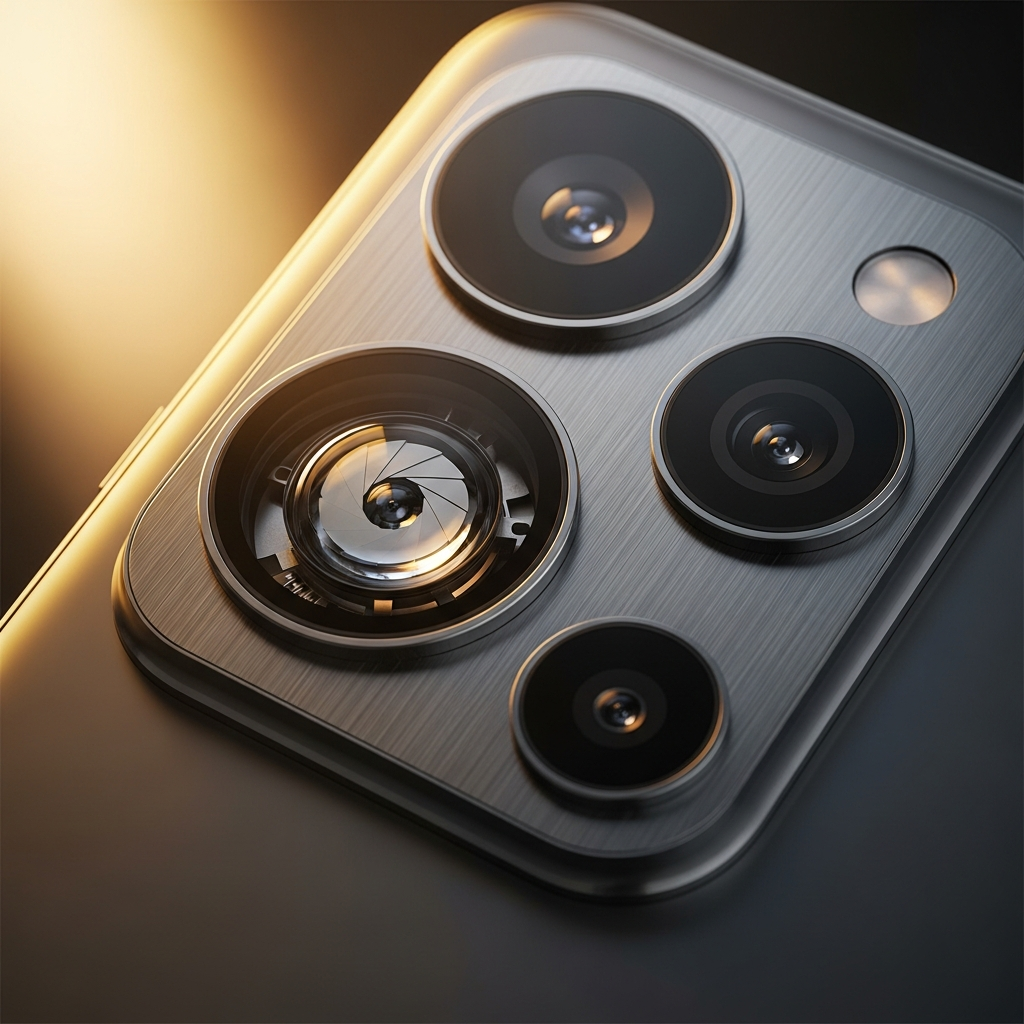 Close-up of a sophisticated smartphone camera module with three lenses, showing a mechanical aperture mechanism inside the glass, metallic finish, luxury photography style, warm golden lighting, no text