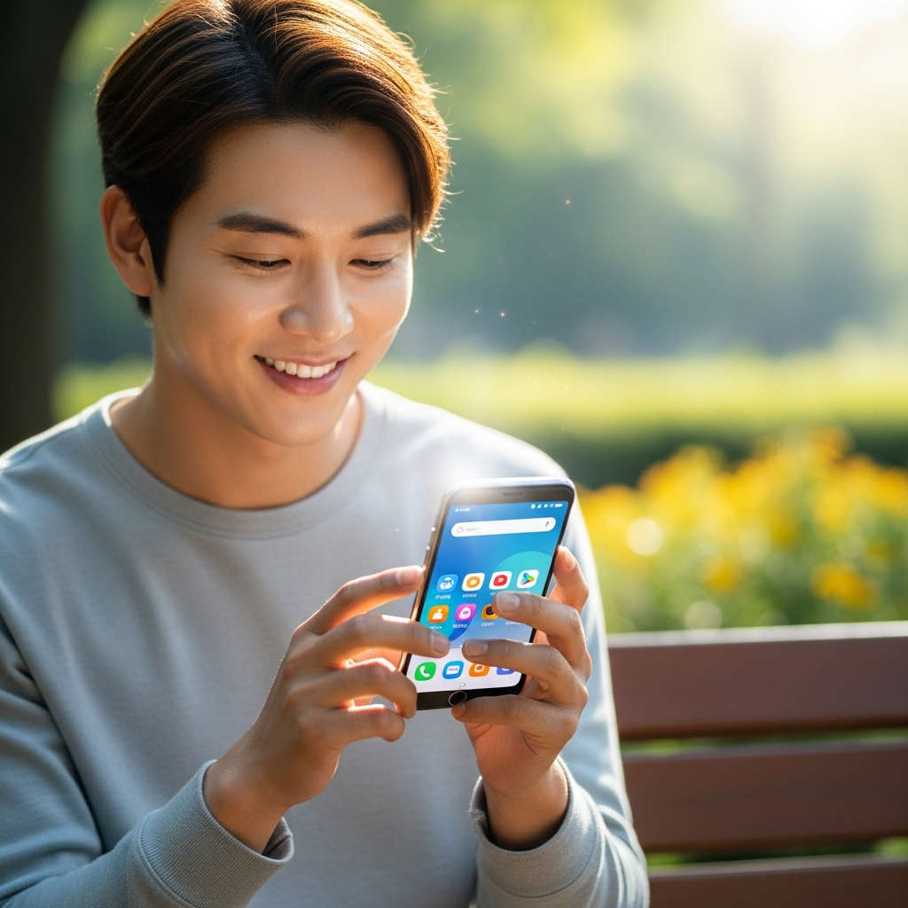 A joyful Korean person smoothly using their new smartphone, bright and clear interface, a sense of relief and satisfaction, warm lighting, natural setting, colored background, no text