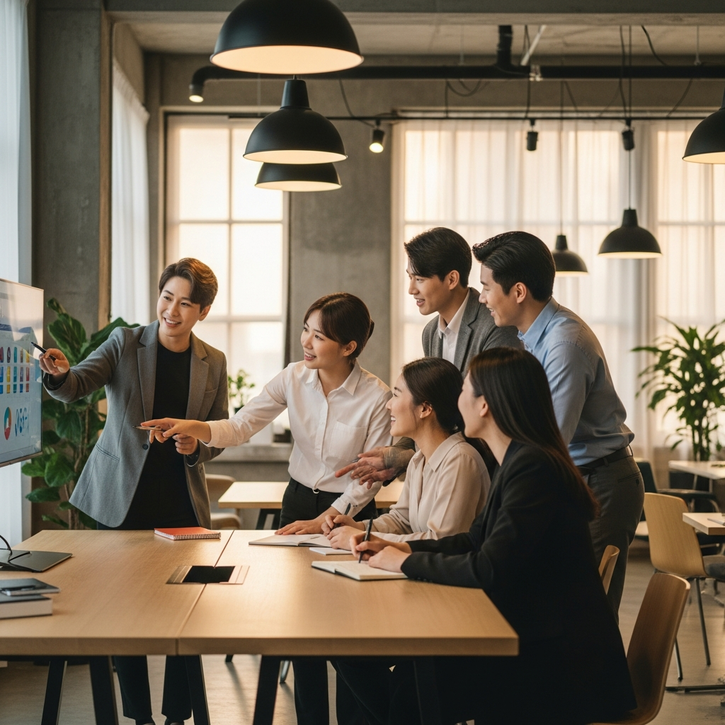 A dynamic scene of a diverse young team collaborating and discussing innovative ideas in a modern, open office space, representing new talent and fresh perspectives, warm lighting, textured background, no text, Korean appearance.