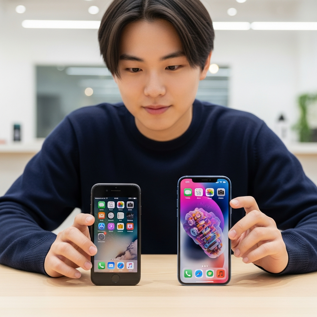 A person (Korean appearance, natural expression) thoughtfully examining two iPhones side-by-side: an older, smaller iPhone SE and a sleek, larger, modern iPhone (like iPhone 15 or 16). The modern iPhone appears vibrant and active, while the SE looks a bit dimmer. The background is a soft, inspiring tech store or home setting, representing choice and upgrade. Style: lifestyle photography, bright, balanced lighting.