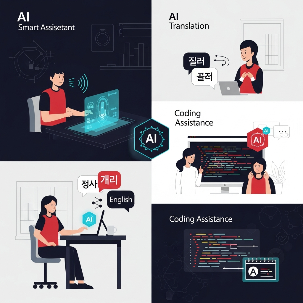 Clean infographic illustrating various uses of AI in daily life and work, such as smart assistants, translation, or coding. Focus on a modern office or home setting, showing a Korean person benefiting from AI tools. High contrast, modern layout. No text.