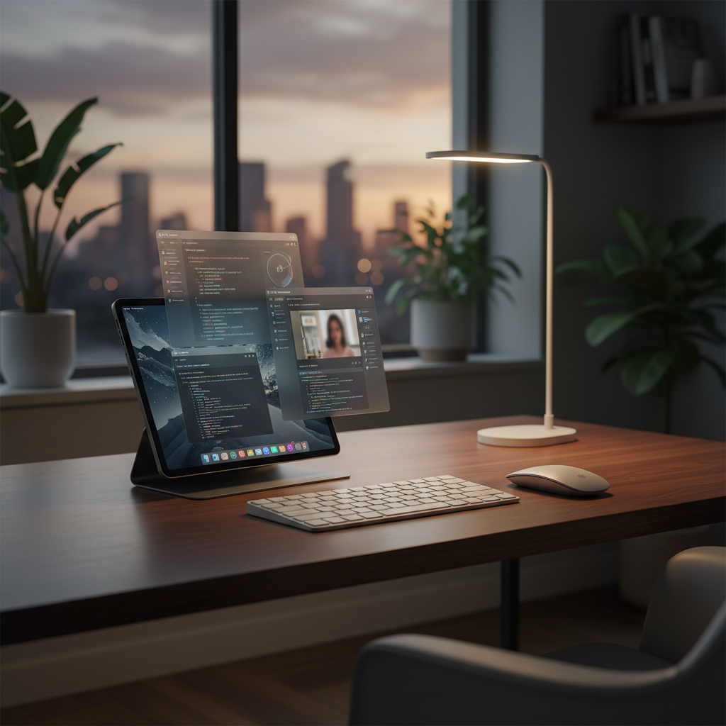 A professional workspace with a sleek iPad Pro running advanced multitasking windows, a wireless keyboard and mouse, soft ambient lighting in a modern home office, no text