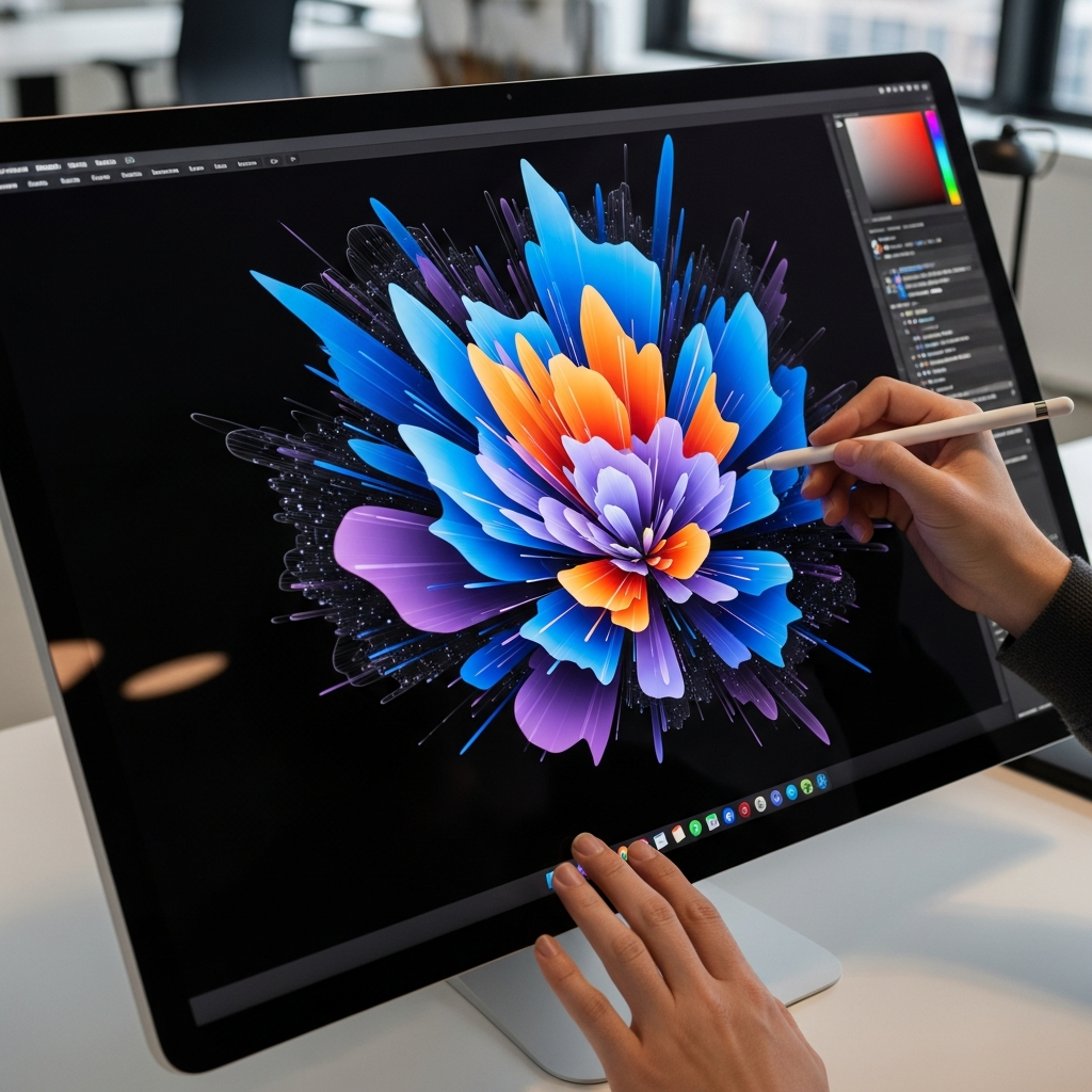 A close-up shot of the Apple Studio Display 2 screen, showing a highly detailed and vibrant image with deep blacks and bright highlights. The lighting emphasizes the display quality. A designer's hands are subtly visible, working on the screen. The background is a softly blurred modern office, no text.