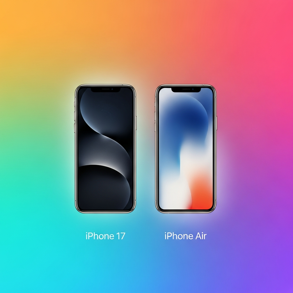Two sleek, modern smartphones, one representing the "iPhone 17" with a refined display, and another representing "iPhone Air" with an elegant design, both glowing subtly to denote success and quality. Clean infographic style, vibrant gradient background, no text.