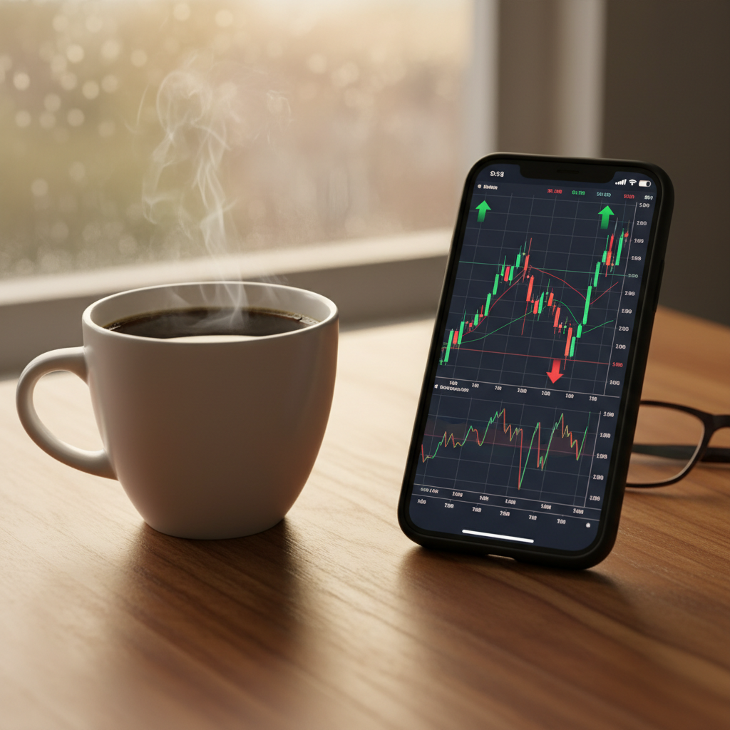 A cup of coffee on a desk with a smartphone showing stock indices, warm indoor lighting, wooden table texture, aspect ratio 4:3, no text