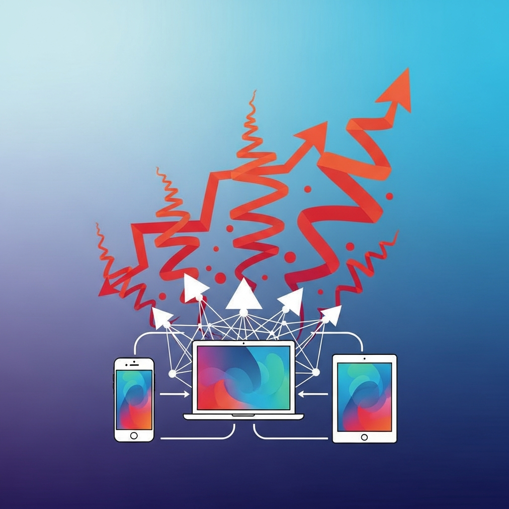 Conceptual image of a global supply chain or a stylized representation of Apple devices (iPhone, MacBook) surrounded by abstract, rising elements suggesting increased costs and complexity. Clean infographic style, modern layout, high contrast. Colored gradient background, minimal empty space. Bright, balanced lighting. No visible text.