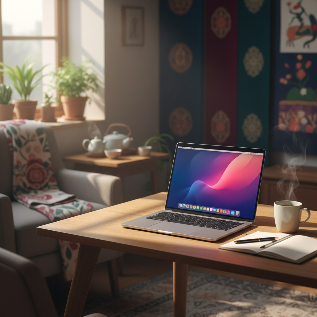 A modern MacBook Pro on a wooden desk in a cozy room, warm natural lighting, vibrant OLED screen glowing, Korean lifestyle setting, rich colored background, no text
