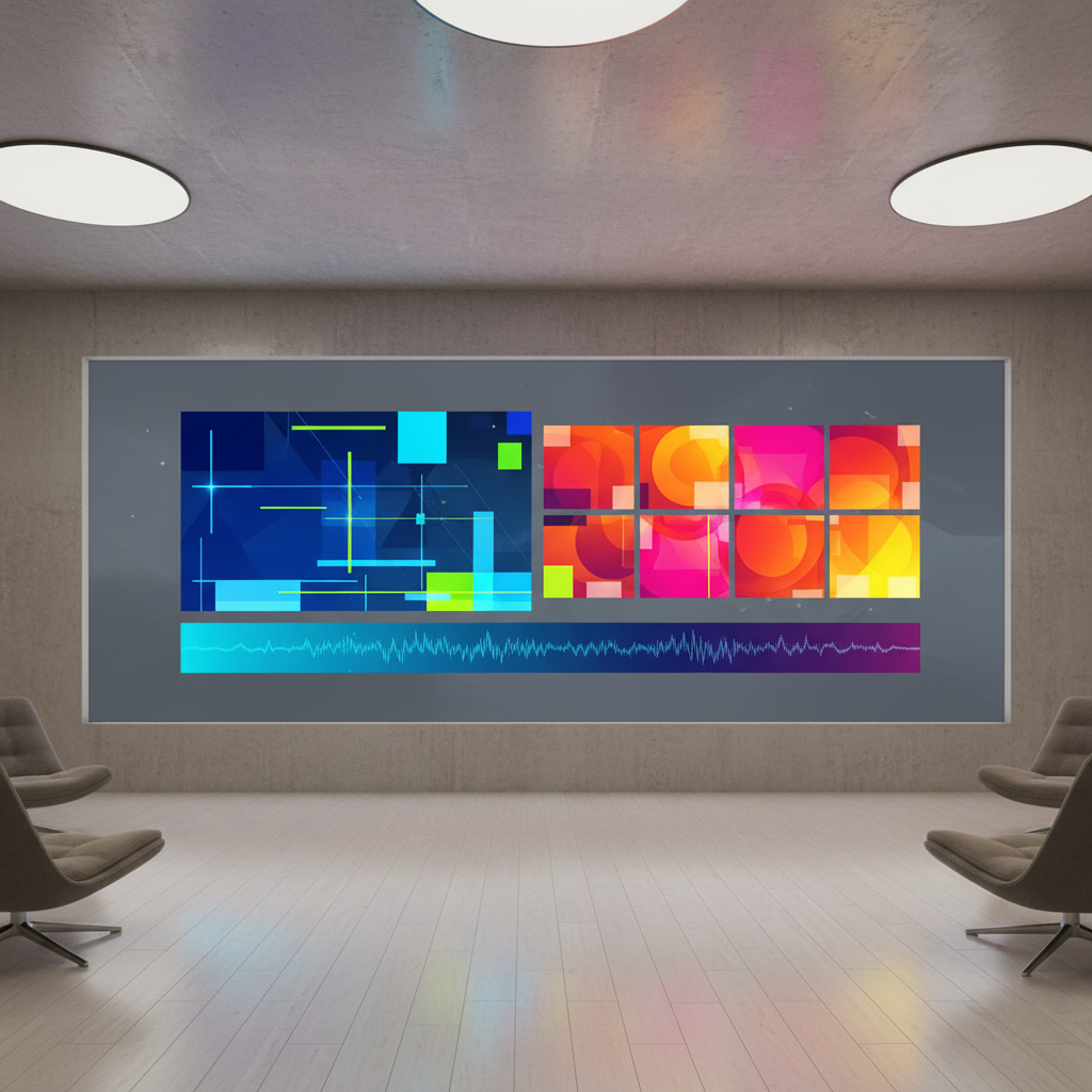 A digital screen showing a clean and modern news layout, vibrant color accents, sophisticated atmosphere, no text