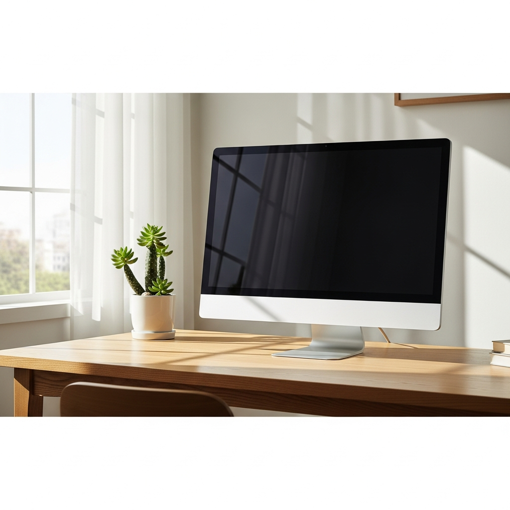 A sleek 24-inch all-in-one desktop computer on a minimalist wooden desk in a modern Korean home office, natural sunlight through a window, warm and clean atmosphere, no text