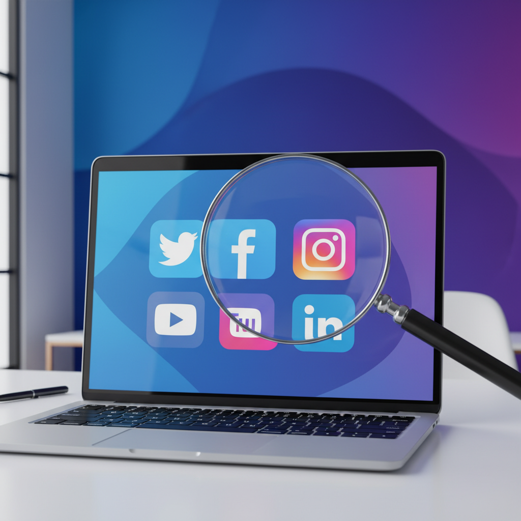 Social media icons displayed on a sleek laptop screen with a magnifying glass hovering over them, modern office setting, deep blue and purple gradient background, high resolution, no text