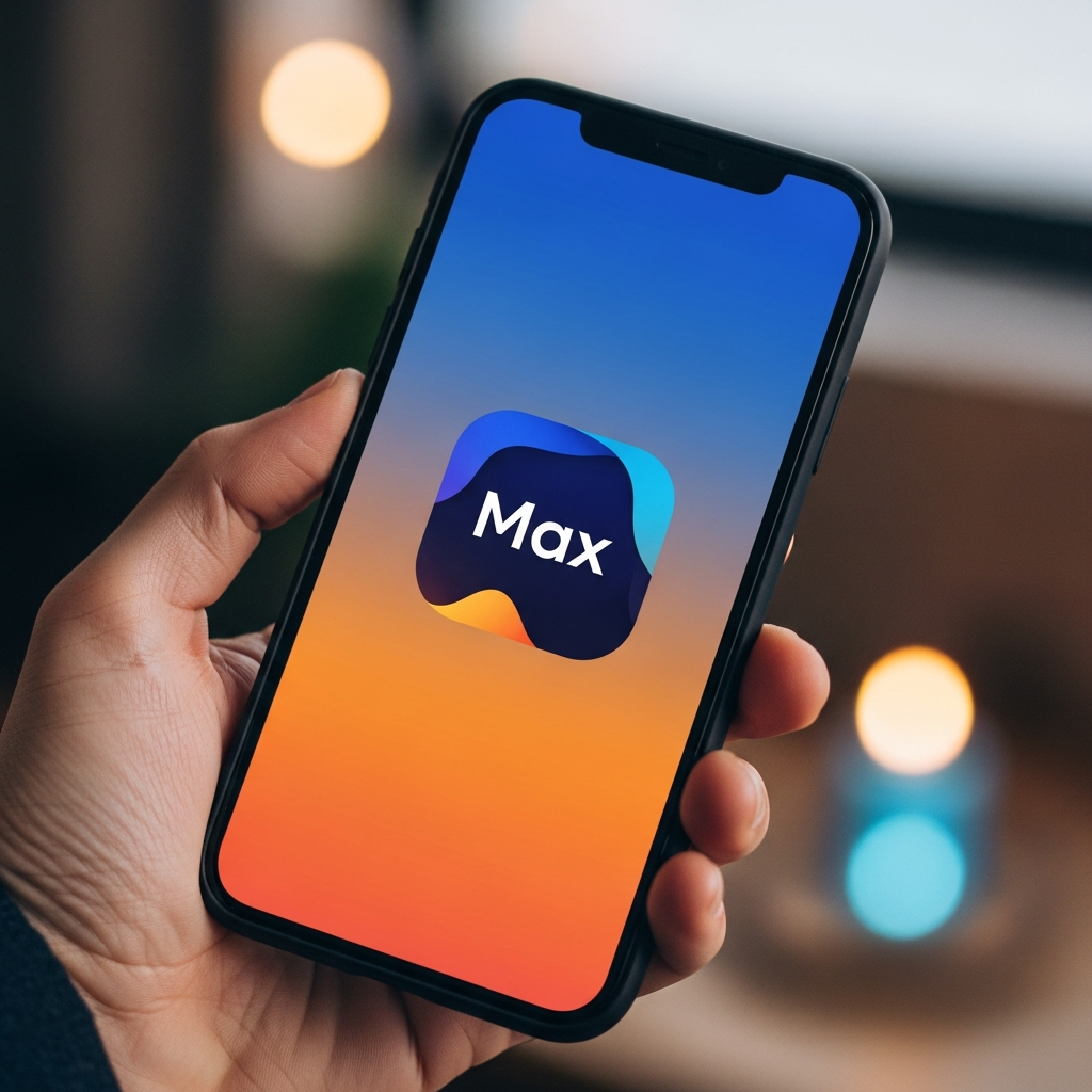 A smartphone held in a hand clearly shows the Russian app logo 'Max' on its screen, modern and clean design, centered focus, visually rich, colored background, no text