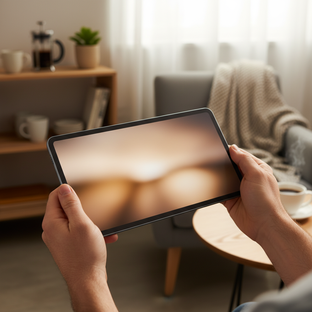 A person holding a wide-screen foldable device in their hands, natural indoor lighting, cozy home cafe background, realistic skin texture, no text