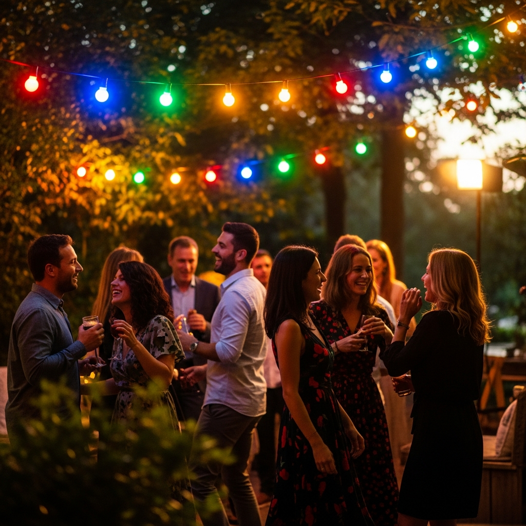 A vibrant party scene illuminated by colorful smart string lights. People are enjoying themselves in a festive atmosphere, with the lights creating dynamic patterns. Style: lifestyle photography, warm lighting, natural setting, colored background. No visible text in image. Never use Korean characters.