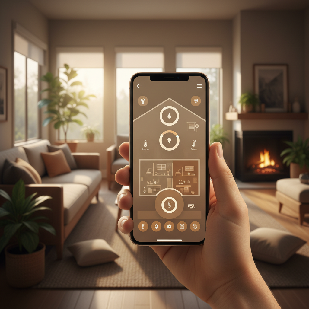 A smartphone screen showing smart home controls in front of a living room background, modern interface, warm lighting, natural setting, no text