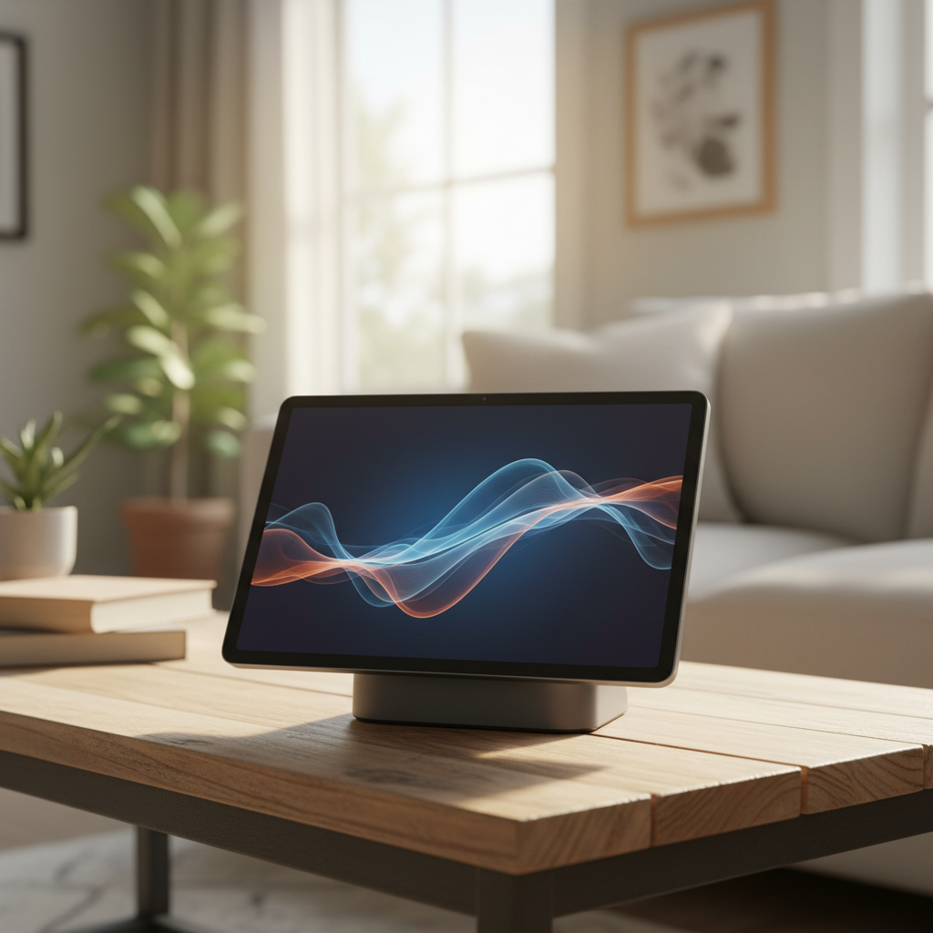 A sleek smart home display device sitting on a wooden table, blurred interior background, warm lifestyle photography, natural lighting, no text