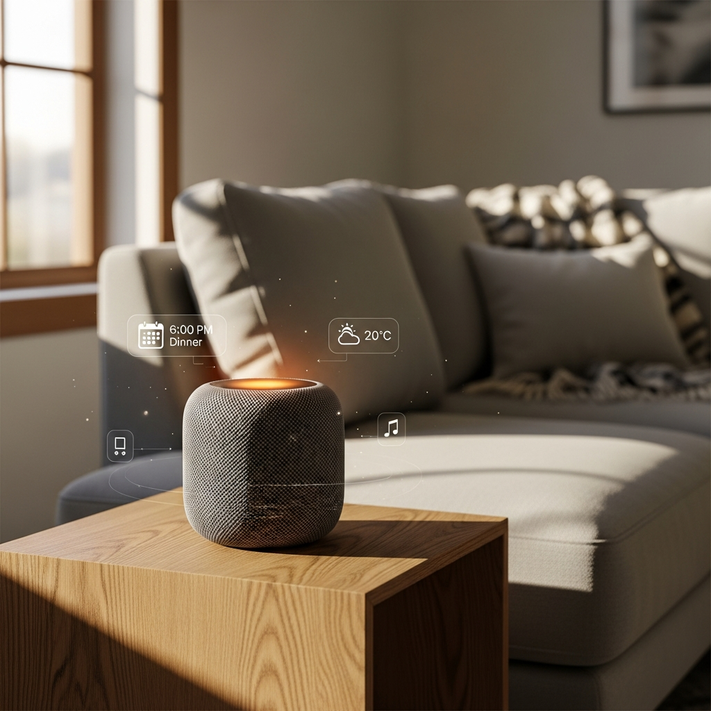 A sleek HomePad device integrated into a stylish, minimalist living room, emitting a subtle light, with faint, contextual reminder elements seamlessly appearing around it, lifestyle photography, warm lighting, natural setting, no text.