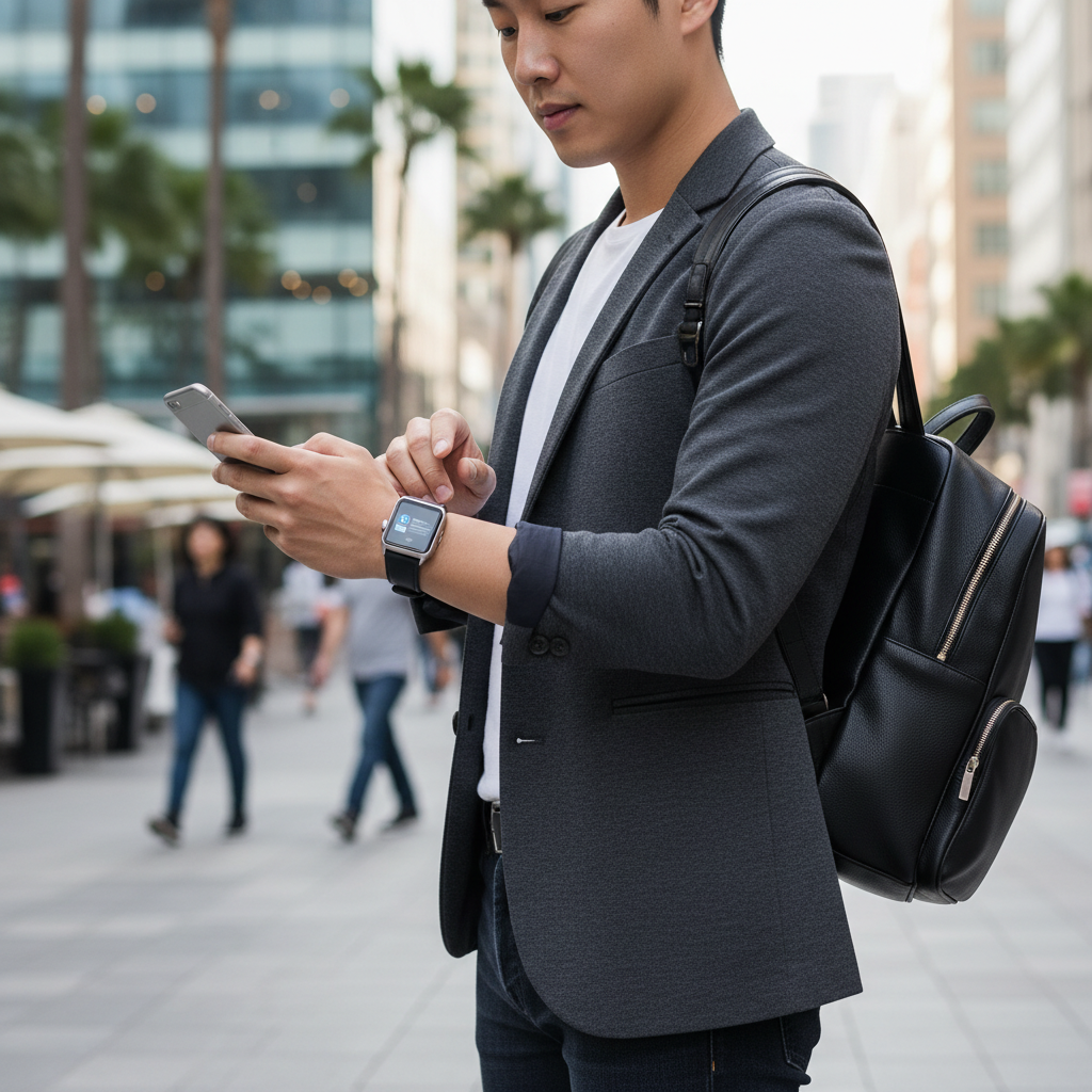 A person wearing a high-end third-party smartwatch checking notifications from an iPhone, urban lifestyle setting, bright balanced lighting, Korean appearance, no text