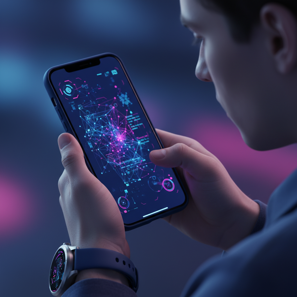 A person wearing a modern non-Apple smartwatch checking a detailed notification from an iPhone, focused composition, high-tech aesthetic, gradient background, no text