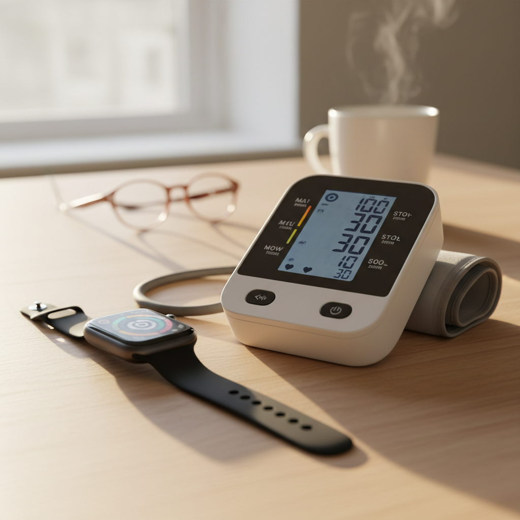 A digital blood pressure monitor next to an Apple Watch on a wooden table, warm sunlight filtering through a window, realistic lifestyle setting, no text
