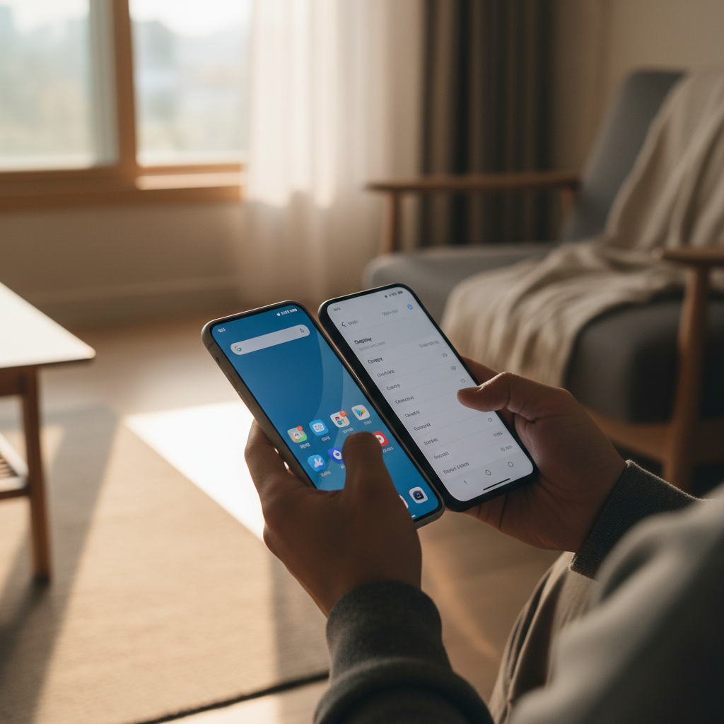 A person holding two different smartphones side by side, comparing features, clean lifestyle photography, warm indoor lighting, Korean person's hands, high contrast, no text