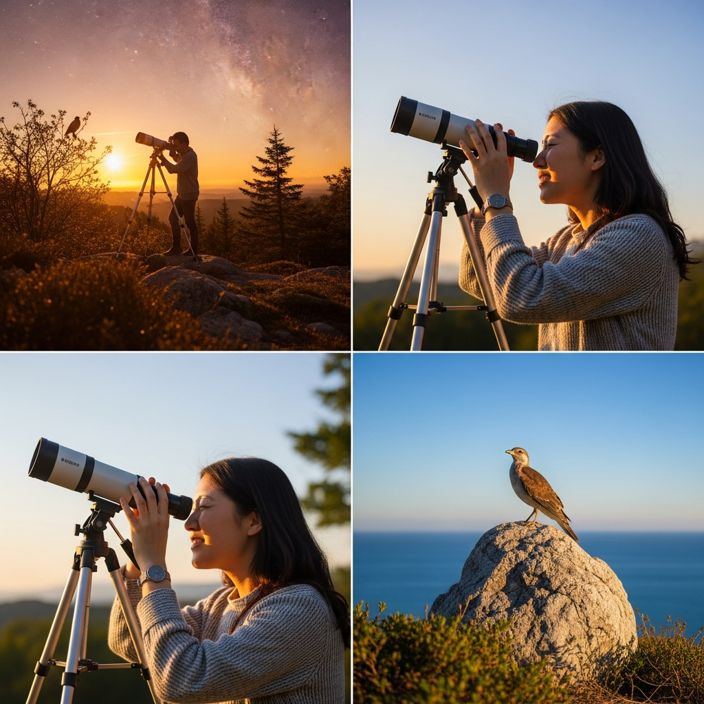 A Korean person using a smartphone telescope, looking at a starry night sky or a bird in a vibrant outdoor setting. Style: lifestyle photography, warm lighting, natural setting. No visible text in image. If UI elements needed, English-only minimal text. Never use Korean characters. Always colored/gradient/textured background, minimize margins, fill frame. Bright, balanced lighting. Centered focus, visually rich, no empty margins.