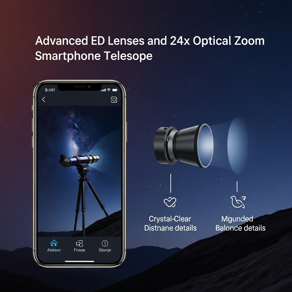 An infographic illustrating the advanced ED lenses and 24x optical zoom of a smartphone telescope, showing crystal-clear details of a distant object like a star or a bird. Style: clean infographic, modern layout, high contrast. No visible text in image. If UI elements needed, English-only minimal text. Never use Korean characters. Always colored/gradient/textured background, minimize margins, fill frame. Bright, balanced lighting. Centered focus, visually rich, no empty margins.