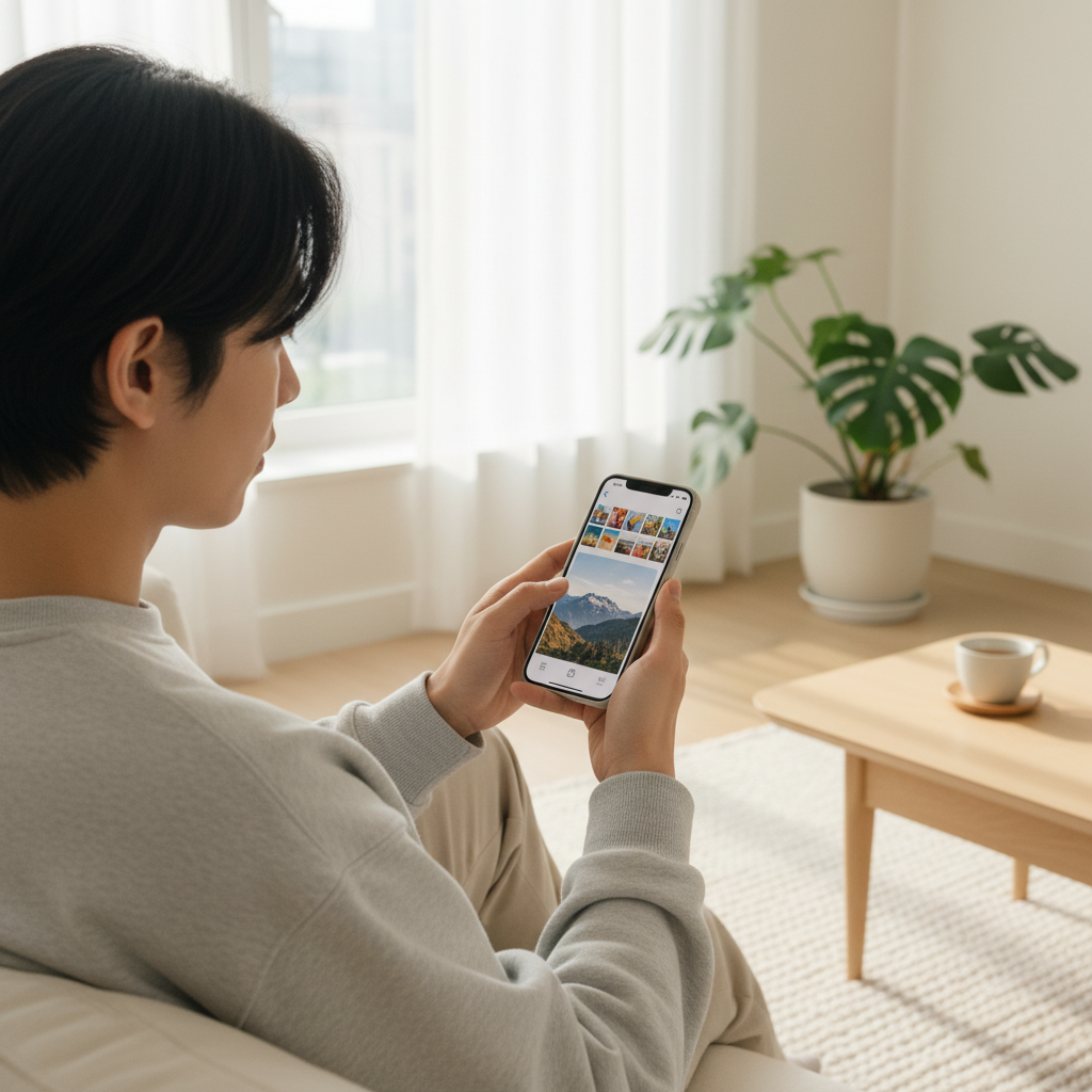 A person using a smartphone app to organize photos with a swipe gesture, clean interface, minimalist modern living room background, bright natural light, Korean person appearance, no text