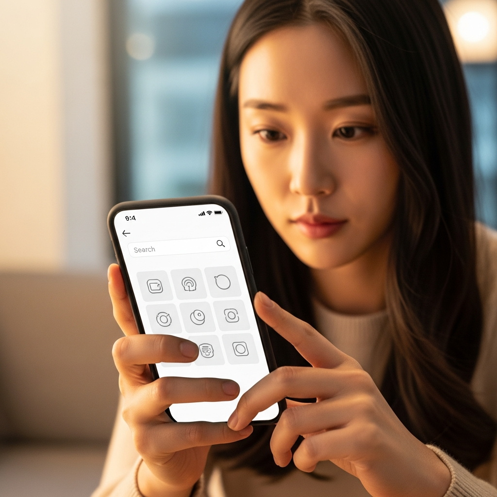 A person looking at a clean smartphone screen displaying a search interface for apps, warm indoor lighting, modern lifestyle photography, Korean appearance, no text