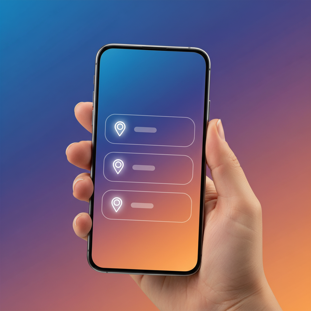 Close up of a hand holding a high-end smartphone, showing a sleek mobile app interface with a prominent pin icon on a list item, vibrant gradient background, clean minimal style, no text