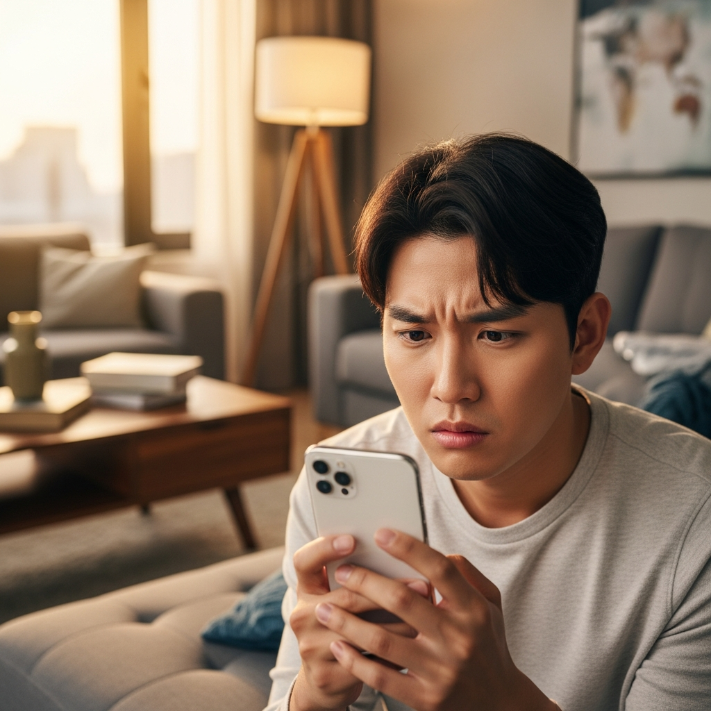 A young Korean person looking intently at an iPhone screen with a confused expression, modern living room background, lifestyle photography, warm lighting, no text