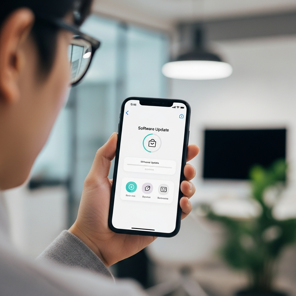 A person holding a modern iPhone showing the software update screen, clean infographic style, modern layout, high contrast, indoor office background, Korean appearance, no text