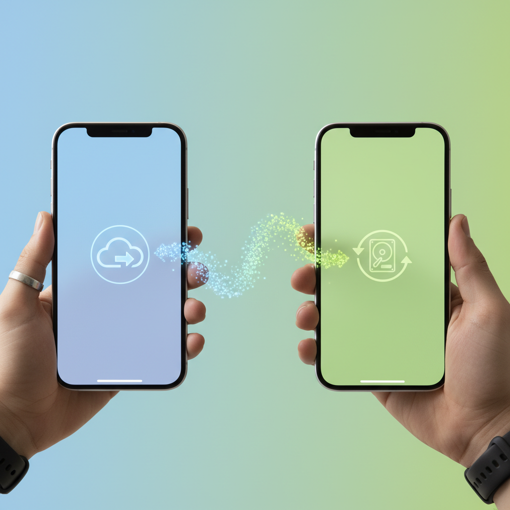 A modern smartphone interface showing seamless data transfer between an iPhone and an Android device, clean infographic style, soft blue and green gradient background, lifestyle photography feel, no text