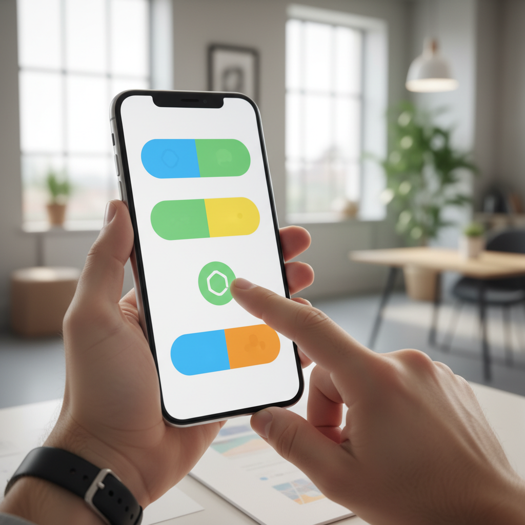 A modern smartphone screen showing an interactive quiz interface with colorful buttons, focused on a hand tapping an option, vibrant lighting, modern office background, no text