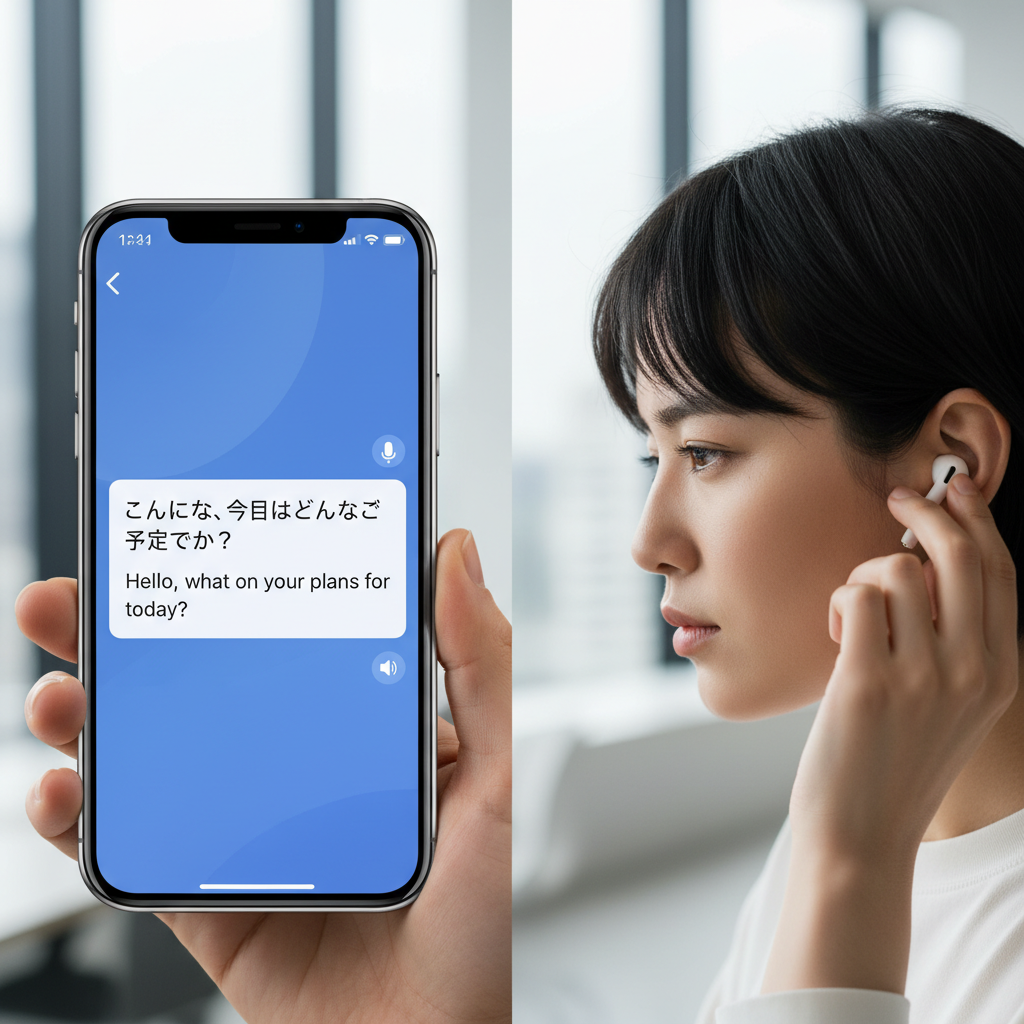 A split screen style image showing an iPhone screen with a real-time translation app and a person wearing AirPods Pro listening intently, professional tech layout, 4:3 aspect ratio