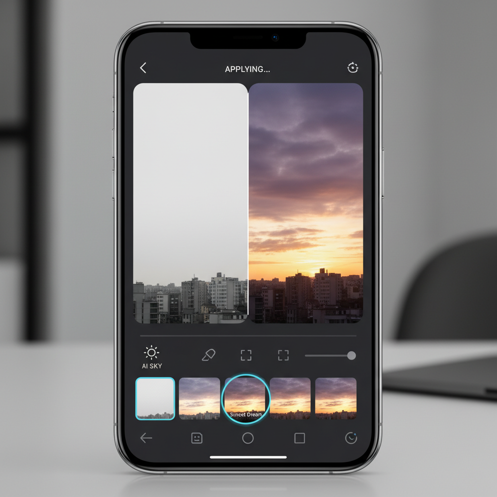 Close up of a high end smartphone screen displaying a photo editing app with AI sky replacement feature, vibrant sunset sky being applied to a dull cityscape, modern clean app interface, 1:1