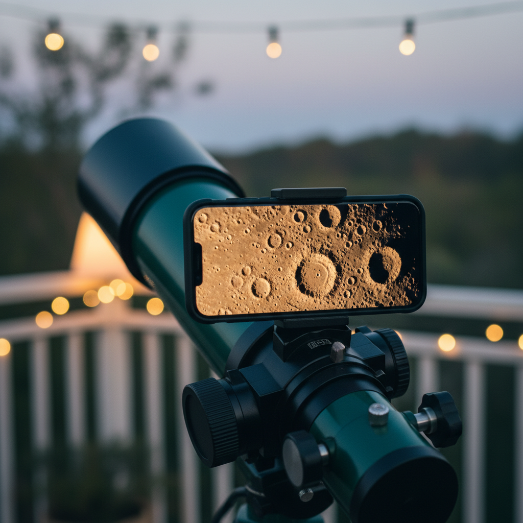 Close-up of a smartphone screen displaying a highly detailed lunar surface with craters, attached to a telescope device, warm lighting, natural lifestyle setting, no text