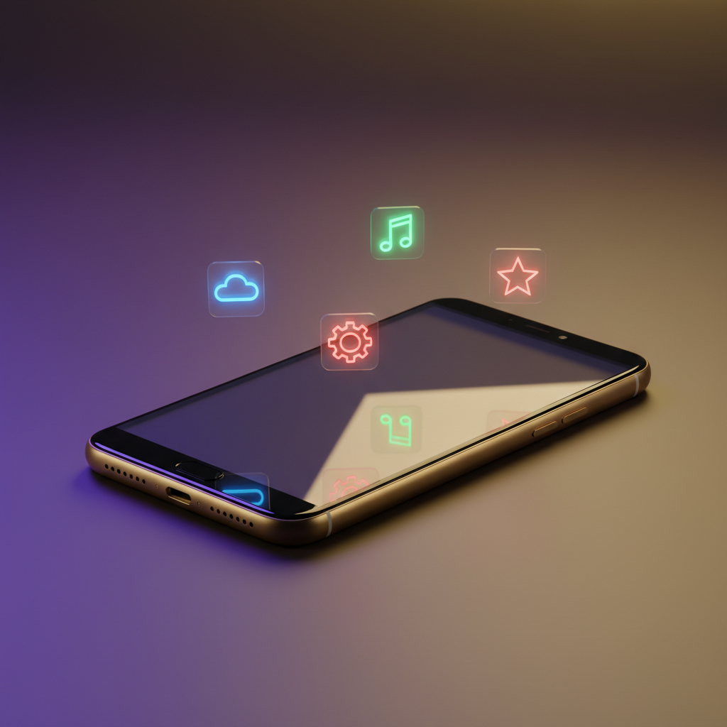 Detailed depiction of a futuristic smartphone with holographic app icons floating above it, cinematic lighting, purple and gold gradient background, no text
