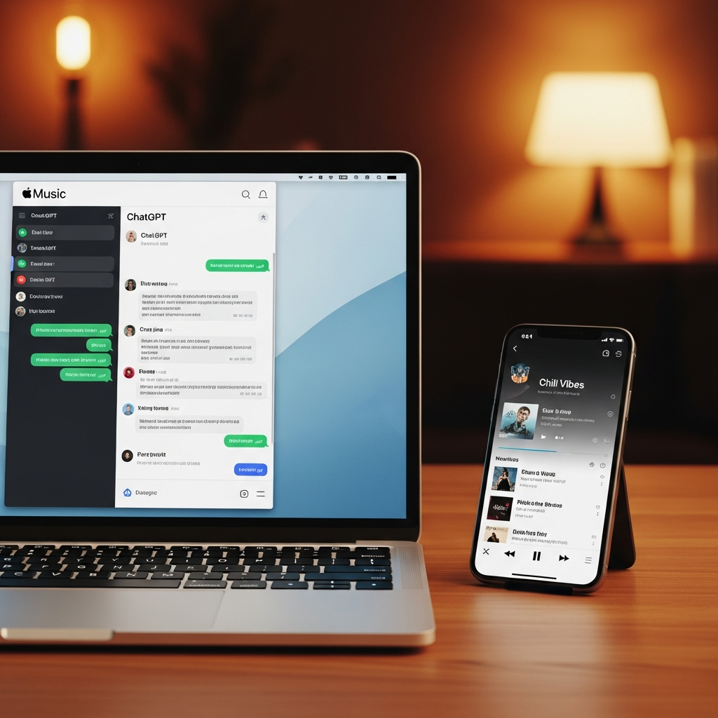 Realistic depiction of ChatGPT interface on a laptop screen with Apple Music logo, a smartphone displaying a playlist, modern tech environment, lifestyle photography, rich colored background, no text