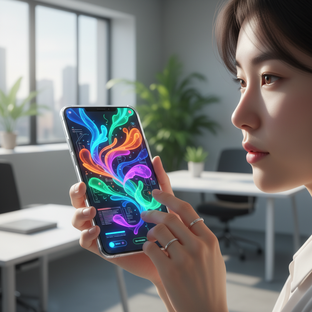 Close up of a person using a futuristic smartphone with a colorful interface, Korean appearance, natural soft lighting, blurred modern office background, no text