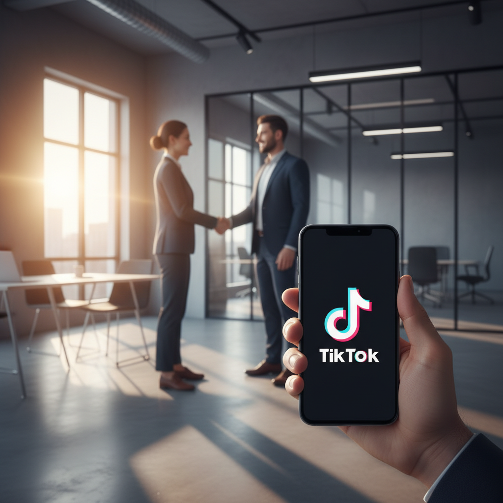 A modern smartphone displaying the TikTok logo held by a hand, in the background two business professionals are shaking hands, clean tech office setting, warm sunlight, rich blue and white color palette, no text
