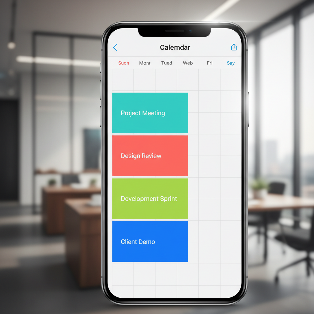 A modern smartphone showing a clean calendar interface with colorful event blocks, vibrant lighting, professional setting, no text