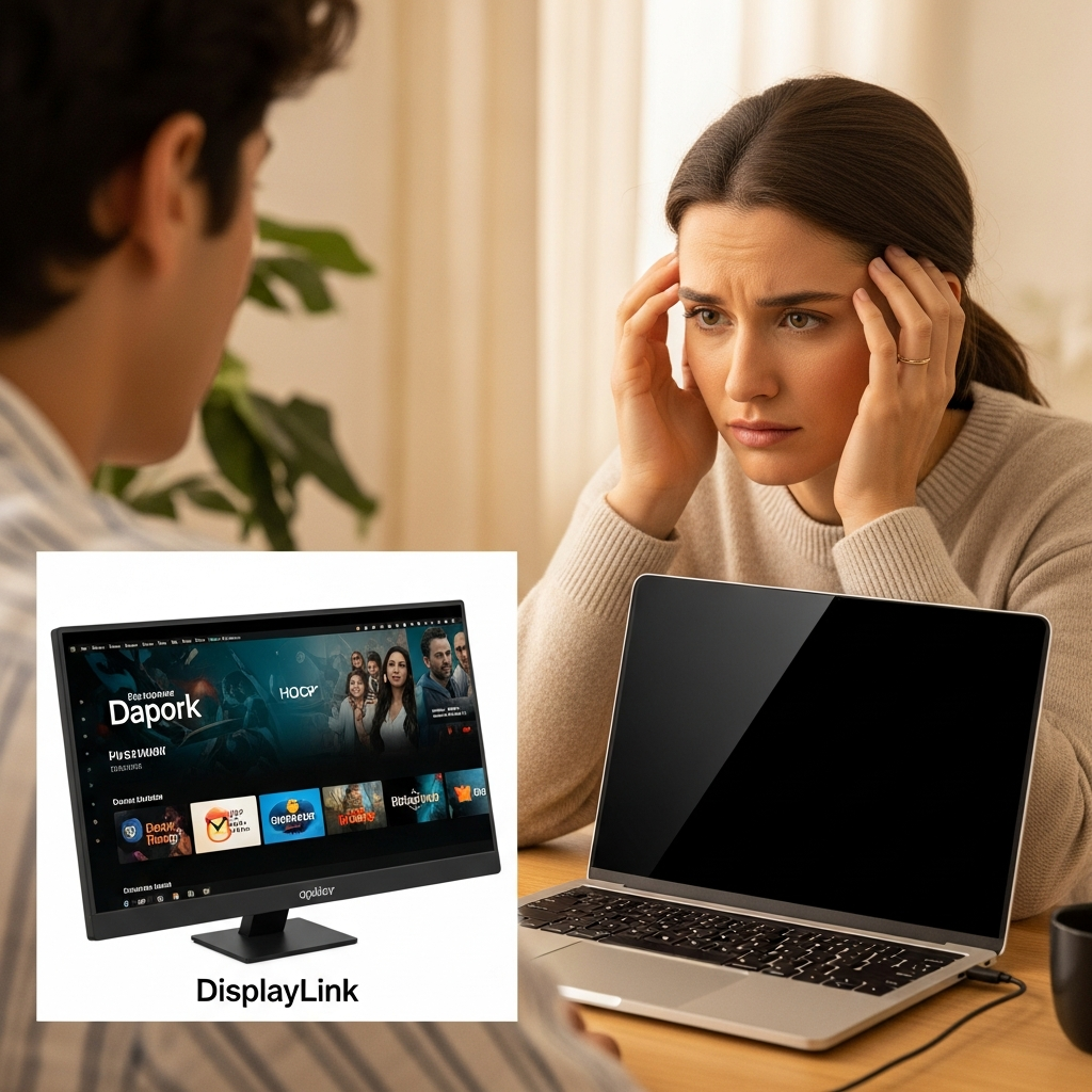 A person watching a streaming service on a laptop screen with a slightly frustrated expression, while external DisplayLink monitors connected to the same laptop show a black screen, illustrating the HDCP issue. Style: lifestyle photography, warm lighting, natural setting. Soft-focused background, bright and balanced lighting. No visible text.
