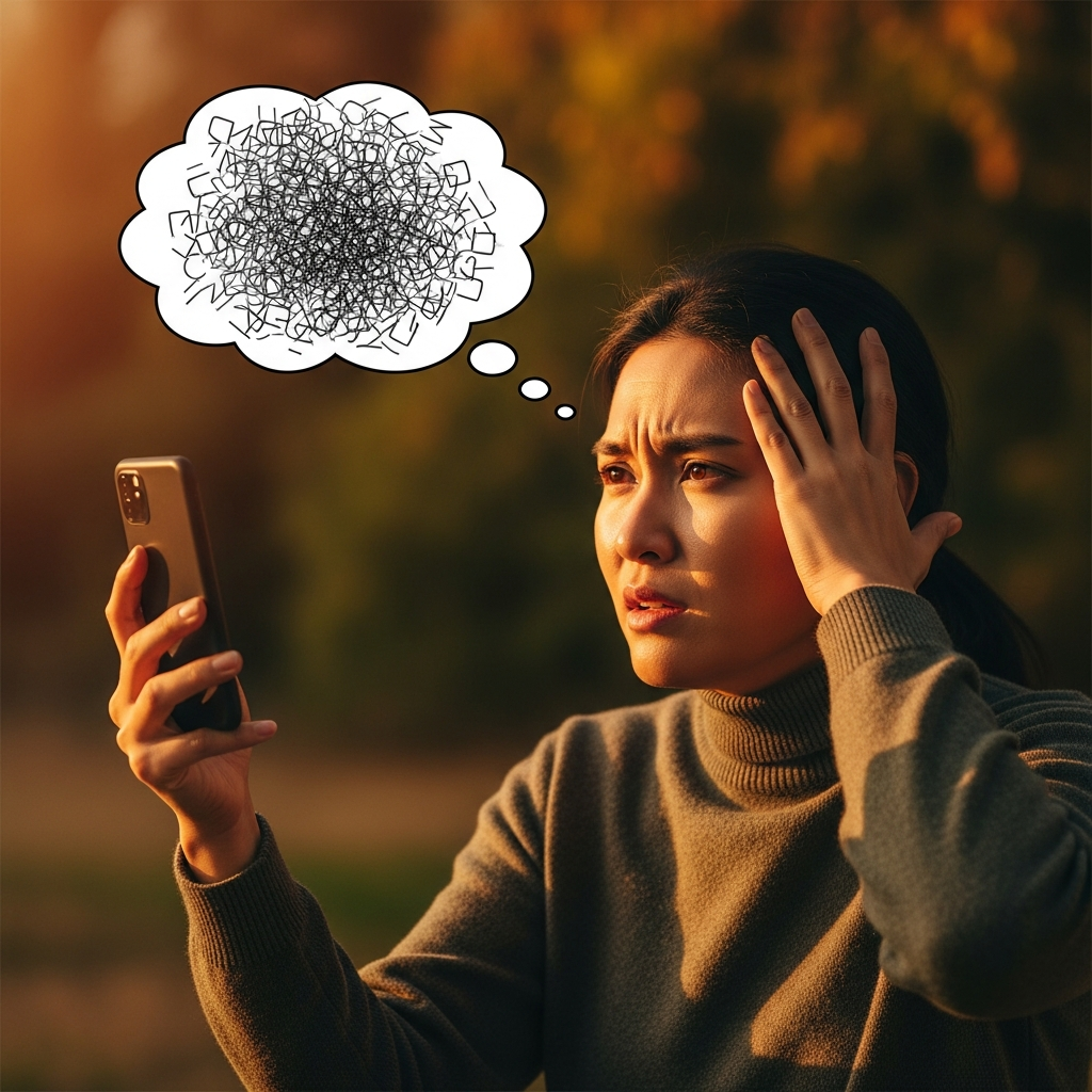A person looking frustrated while trying to use a smartphone's voice assistant, a thought bubble above their head showing jumbled words, warm lighting, natural setting, colored background, Korean appearance, no text.